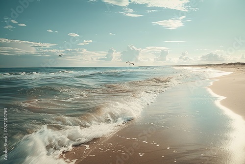 Immerse yourself in the tranquility of this professional shot capturing a serene European beach scene on a sunny summer day. Beachgoers relish in sunbathing