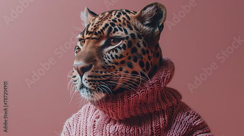 Pastel pink illustrated portrait of a leopard standing on a pink background  generative Ai