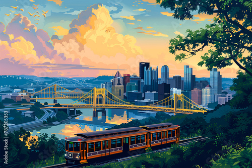 Pittsburgh, United States. Flat vector skyline illustration retro