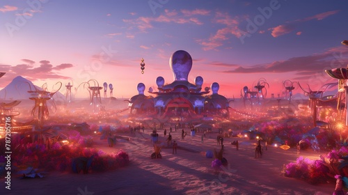 Experience a psychedelic desert tugether party where AI-generated nomads and mystical creatures dance under the blazing sun