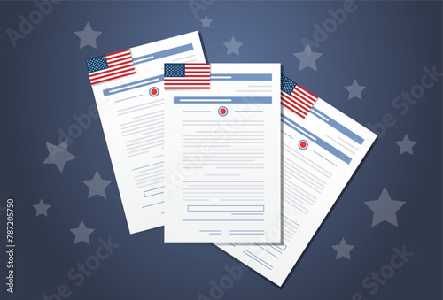 election day concept voter paper ballots with usa flag horizontal