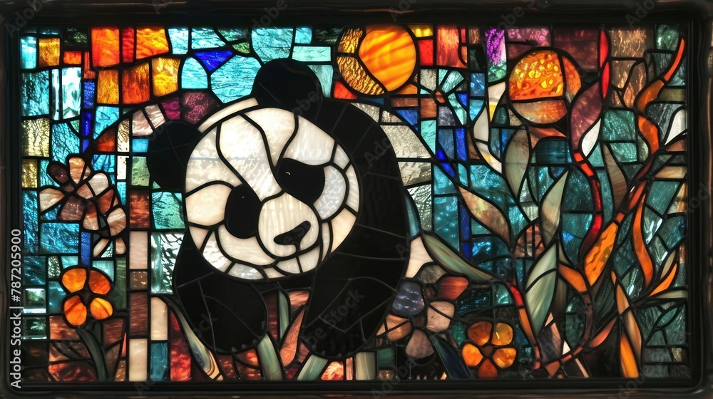 stained glass interpretation of a playful panda, featuring monochromatic tones and whimsical patterns