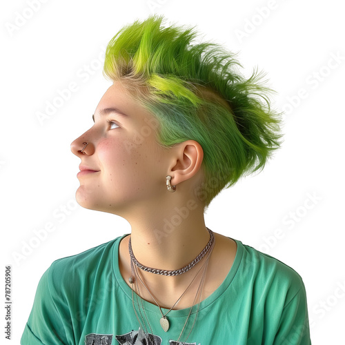 young teenager girl with green mohawk hairstyle . Clipart PNG image . Transparent background . Generative AI © Tomislav