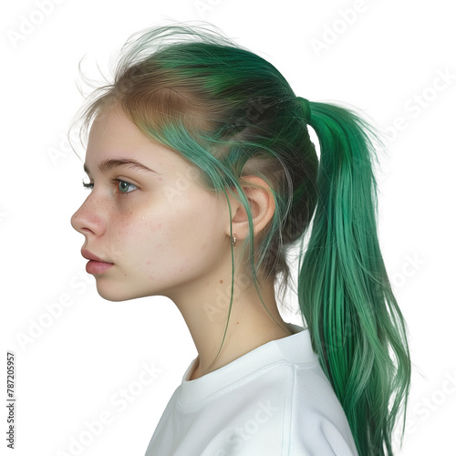 young teenager girl with green ponytail hair . Clipart PNG image . Transparent background . Generative AI © Tomislav