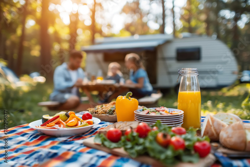 Picnic table with food and drinks, family camping motorhome