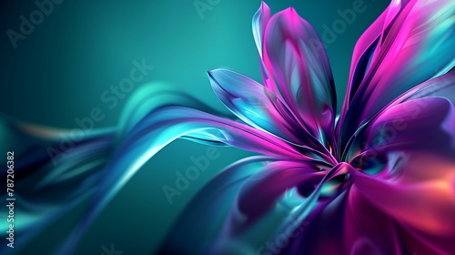 Abstract metallic shiny flower petals in neon colors with copy space, AI generated