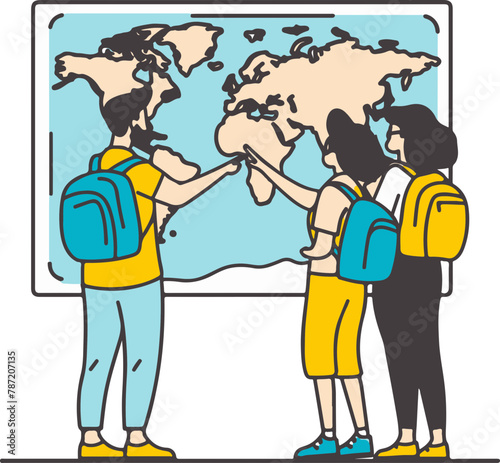 A group of three animated travelers is engaged in an animated discussion over a world map, suggesting excitement for a forthcoming global journey. Perfect for content about world travel, planning, and