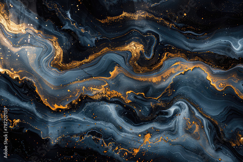 Abstract background with swirling patterns in dark blue and gold, resembling marble or agate texture. Created with Ai