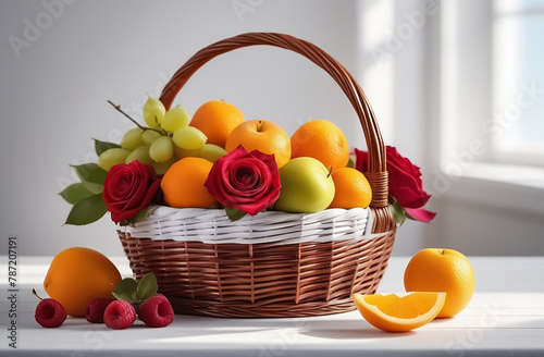 Fruits in a basket on a white table.