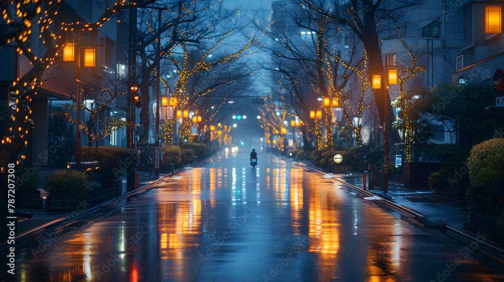 Rainy evening on an urban street adorned with festive lights reflecting on the wet pavement. City ambiance and weather concept. Design for travel experiences, urban lifestyle, and seasonal themes
