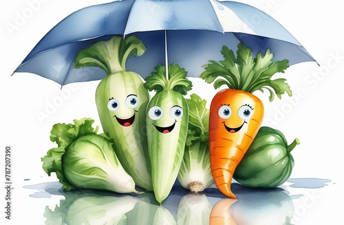 Illustration of happy vegetables under an umbrella.