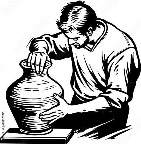 An artisan engrossed in crafting a pottery vase, hands caressing the clay into shape, reflecting the deep concentration and passion for the craft.