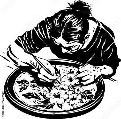 An intense focus from an artisan as he carves elegant floral designs into a ceramic plate, a celebration of manual artistry and tradition.

