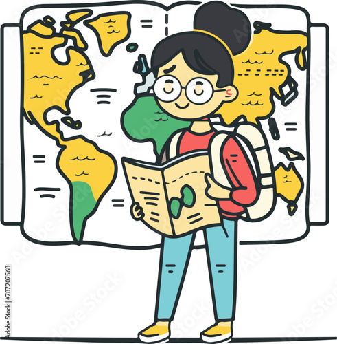 An explorer with a backpack examines a large world map, plotting a route for an upcoming travel adventure with keen interest and anticipation.