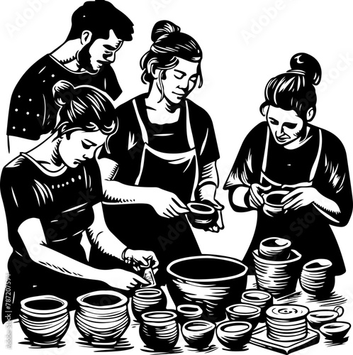 A group engaged in pottery making, with an experienced artisan instructing and interacting with eager learners around the potter's wheel.