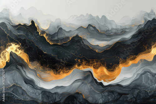A flowing liquid metal with golden lines, a dark blue and gray color scheme, flowing waves of smoke. Created with Ai