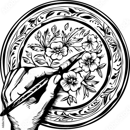 Skilled hands of an artisan intricately etching floral patterns onto a ceramic plate, showcasing the timeless art of traditional craftsmanship.