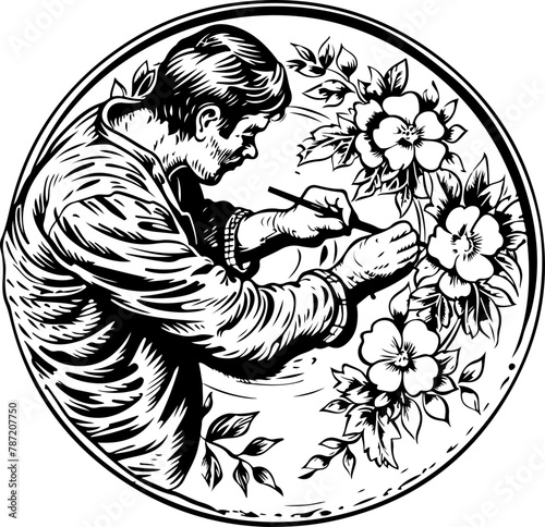An intense focus from an artisan as he carves elegant floral designs into a ceramic plate, a celebration of manual artistry and tradition.