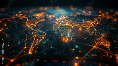 Global connectivity visualized on a digital world map, glowing connections in a dark room, 3DCG, high resolution ,3DCG,high resulution,clean sharp focu