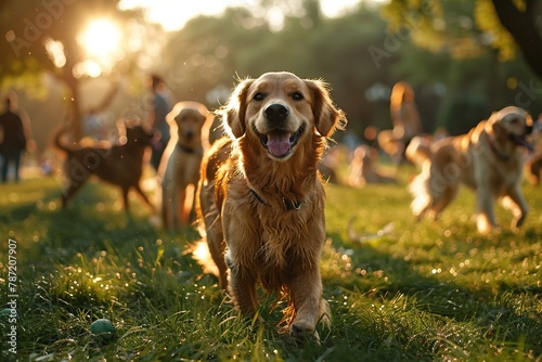 Experience the heartwarming interactions in this professional shot of a serene European park scene in summertime. Witness the pure joy and companionship as dogs chase frisbees, owners pet their furry 