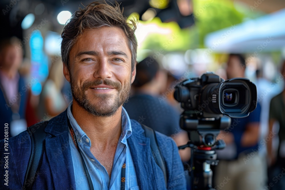 A cheerful, bearded man smiles in front of a professional camera, possibly a reporter at a public gathering or event A cheerful, bearded man smiles in front of a professional camera, possibly a reporter at a public gathering or event