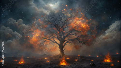 Solitary Tree Amidst a Fiery Night Landscape