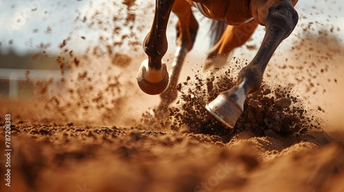 Horse racing. Hooves of a galloping horse close up. Isolated on brown background