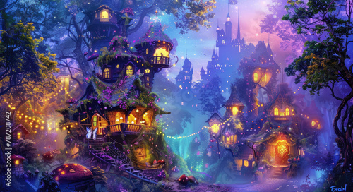 A whimsical fairy city nestled in an enchanted forest, with colorful trees and sparkling lights. The scene includes friendly fairies flying around the fantasy town surrounded by magical creatures © Kien