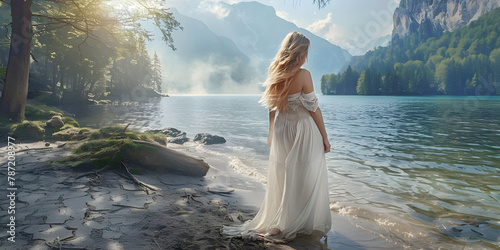 Beautiful blond viking maiden stood on the shore of an inland lake waiting for her loved one to return - back view of a woman wearing a long white dress on a warm summer day in Scandinavia
 photo