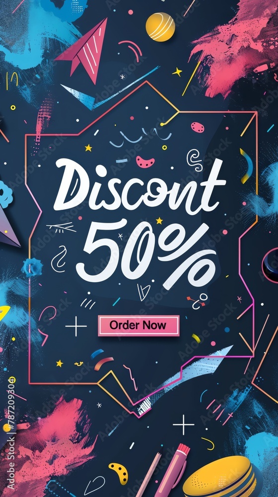 Sleek modern back-to-school banner, "Discount 50" in large white font over a dark geometric background, clear "Order Now" call to action - obrazy, fototapety, plakaty 