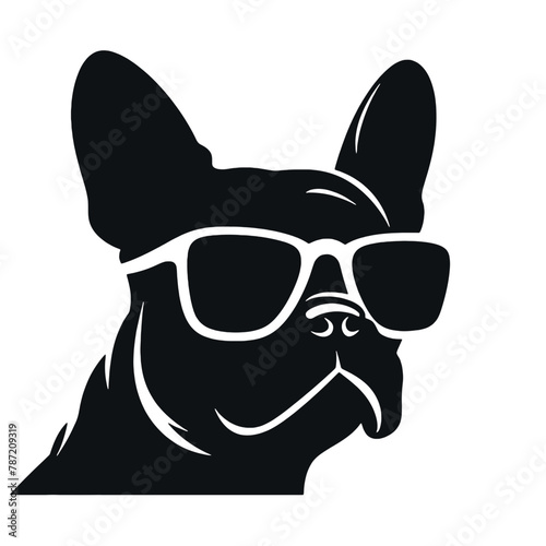 French bulldog sunglasses black and white hand drawn cartoon portrait vector illustration