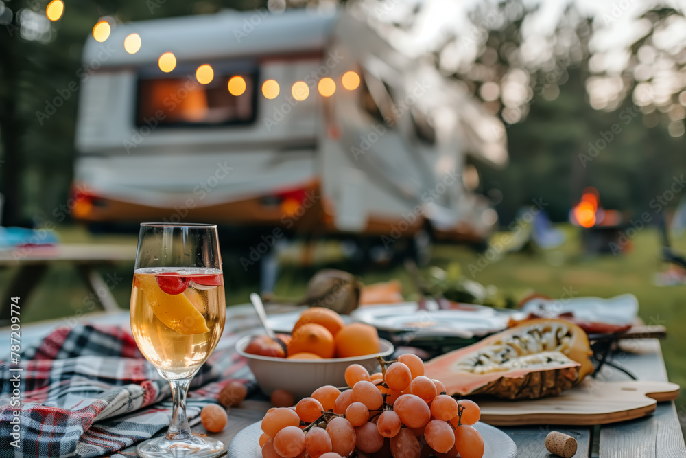 Motorhome picnic, outdoor table set with a plate of assorted fruits and a glass of wine. Selective focus - obrazy, fototapety, plakaty 