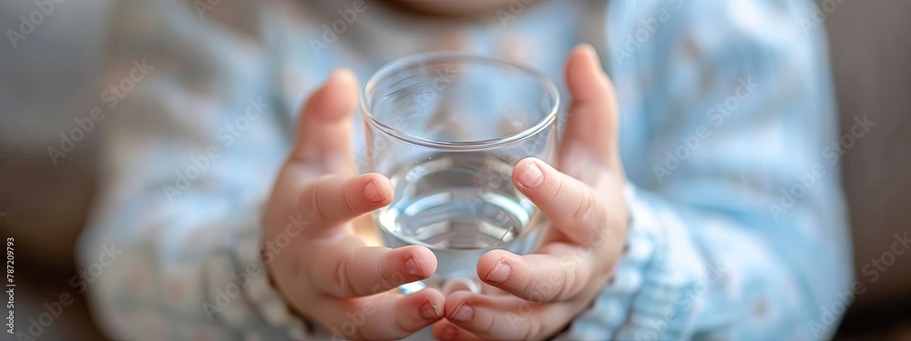 the child holds a glass in his hands close-up