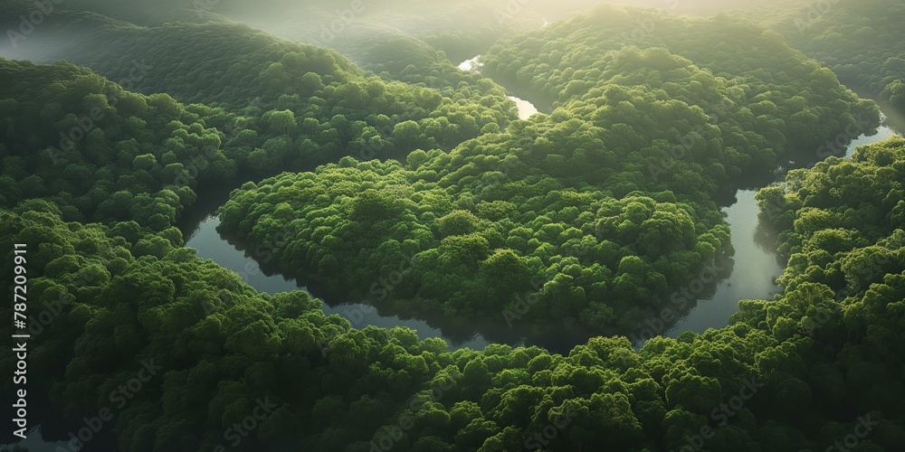 An enchanting view of sunlight filtering through the dense canopy of a lush, vibrant green forest