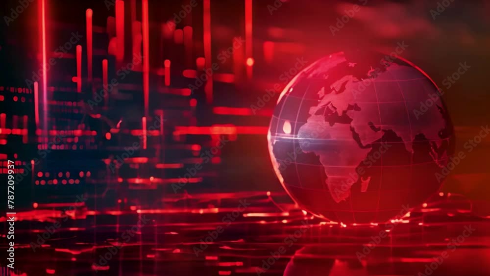 3D rendering of a digital globe with a red glowing trading chart light background, depicting data exchange technology and the global network concept