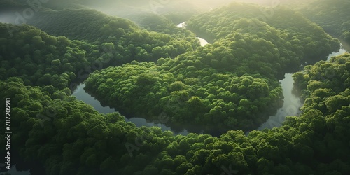An enchanting view of sunlight filtering through the dense canopy of a lush  vibrant green forest