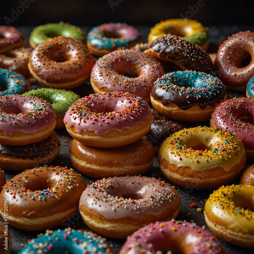Various donuts with different flavors and colors. 