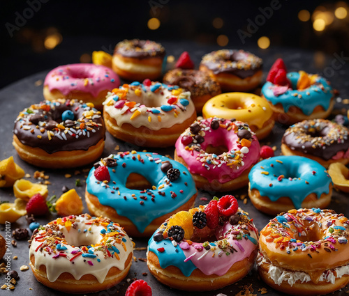Various donuts with different flavors and colors. 