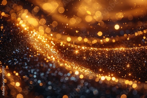 This visually captivating image features a dazzling background filled with golden and black sparkles