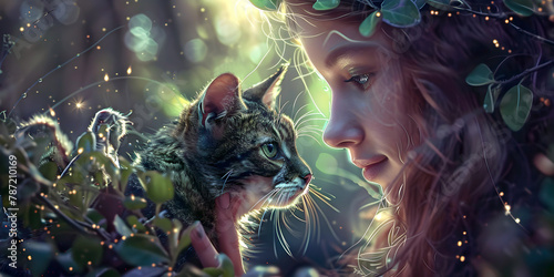 Connect with your best friend with mind to mind telepathy - young girl side profile smiling at her tabby cat almost nose to nose depicting a mutual love between human and animal
