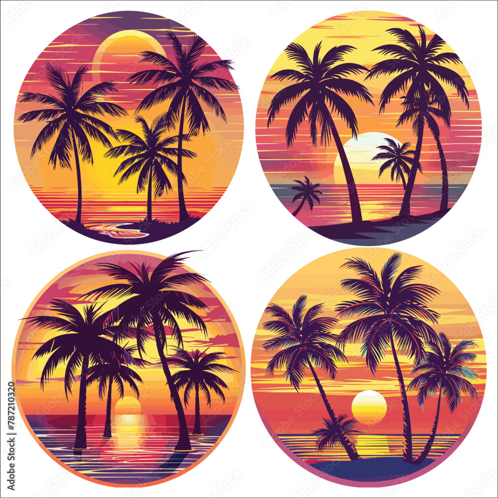 Obraz premium Palm trees and sunset, Tropical landscape, Tropical beach landscape with sea, Summer vacation concept circle icon, Tropical paradise island logo, Summer ads, Logo, Posters, Label, T-shirt