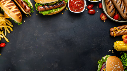 Summer BBQ food corner border with hot dog and hamburger buffet Top down view over a dark slate banner background Copy space : Generative AI