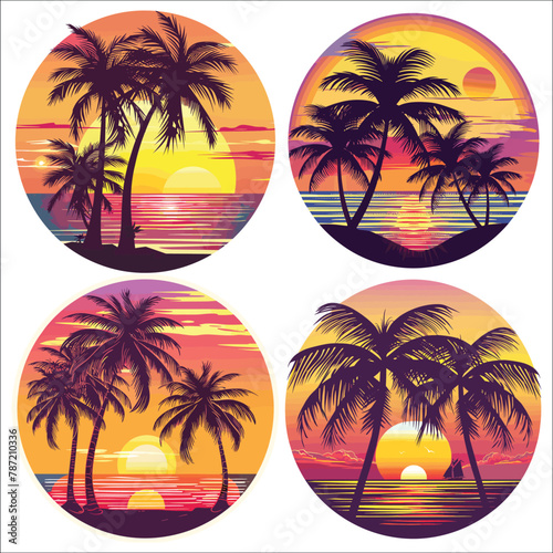 Palm trees and sunset, Tropical landscape, Tropical beach landscape with sea, Summer vacation concept circle icon, Tropical paradise island logo, Summer ads, Logo, Posters, Label, T-shirt