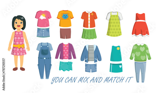 Set of kid's or girl casual clothes. editable vector, you can mix and match it