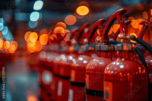 A striking image portraying a line of red fire extinguishers with a captivating bokeh light effect highlighting their importance for safety photo
