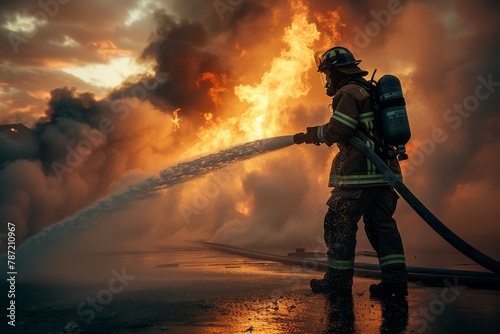 A firefighter fully geared in protective clothing directs a powerful stream of water to combat a fierce blaze photo