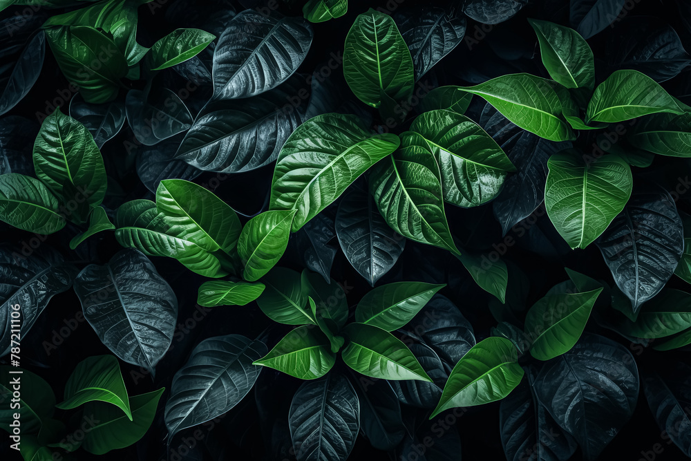 A close up of green leaves with a dark background.