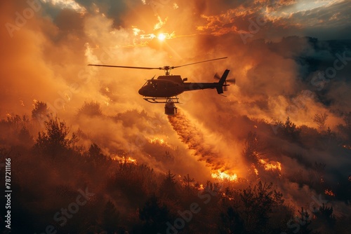 Striking image of a helicopter releasing water to extinguish a wild fire, capturing the intensity of natural disasters
