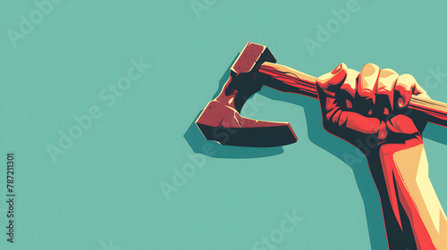 A hand holding a large hammer tightly , in a blue background, labor day background image