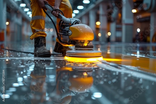 A diligent worker in safety gear expertly polishes a shiny floor with an industrial buffer machine in an expansive hall photo
